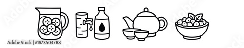 Breakfast and beverages icon set. lemon water pitcher, tall glass with straw, milk bottle, teapot with cups, bowl of cereal. line, flat vector illustration.