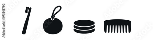 Personal care icon set. toothbrush, bath sponge, cotton pads, comb, grooming essentials. flat vector illustration.