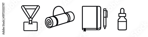 Wellness workshop icon set. badge lanyard, rolled yoga mat, notebook with pen, dropper bottle. line flat vector icon set.