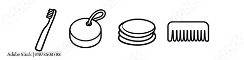 Personal care icon set. toothbrush, bath sponge, cotton pads, comb, hygiene and grooming. line, flat vector illustration.
