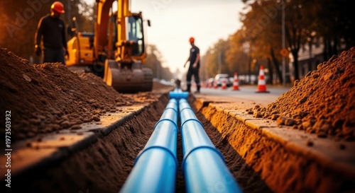 Construction workers installing underground water pipes in a residential street with heavy machinery in the background