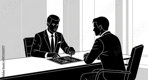 Two Businessmen Conducting Formal Office Interview Across Desk.