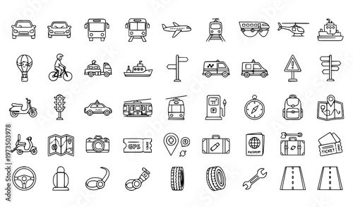 A set of black and white line art icons depicting various transportation modes and travel related symbols