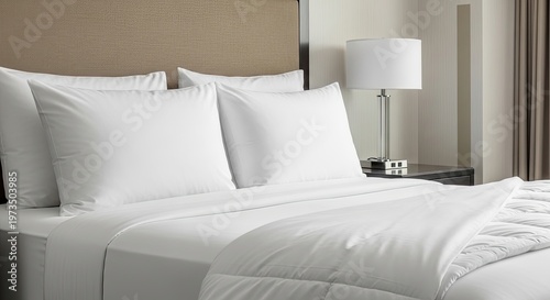 Luxurious and freshly made white bed with plush pillows and clean sheets, creating an inviting space for relaxation in a contemporary hotel room