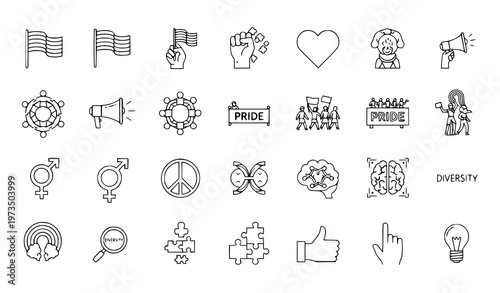 A set of black and white line art icons representing diversity and inclusivity