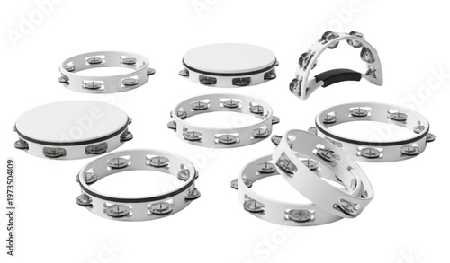 A collection of silver tambourines on a white background
