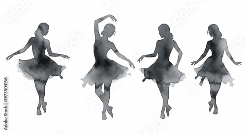 Watercolor black silhouettes of dancing women