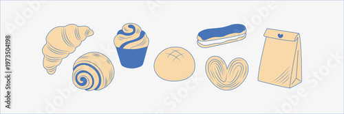 Bakery horizontal banner with blue pastry and paper bag vector illustration.