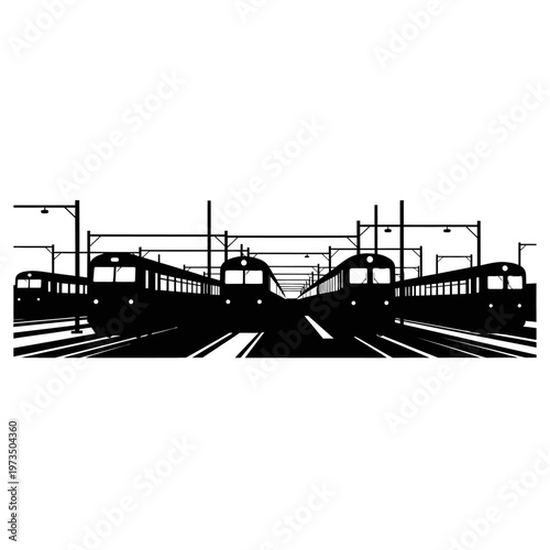 Silhouetted Trains on Tracks Vector Illustration.