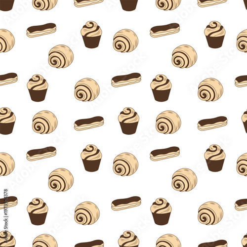 Bakery seamless pattern with chocolate eclairs and cupcakes on white vector illustration.