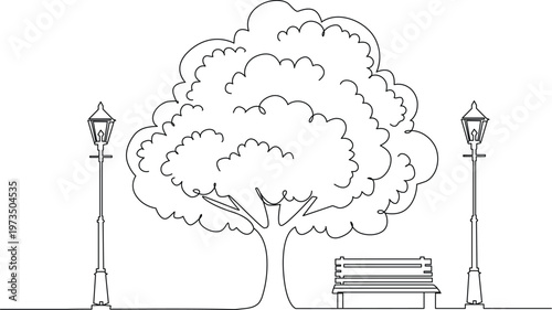Continuous single line drawing of park scene with tree bench and street lamps minimalist landscape illustration