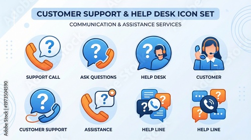Customer support and help desk icon set with customer communication assistance
