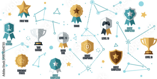 Achievement badges and reward icons collection with trophies medals levels progress milestones and gamification elements vector illustration set