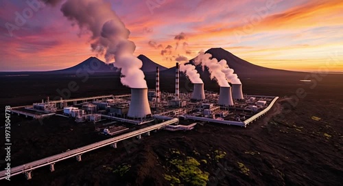 Dramatic Sunset Over Power Plant: Industrial Towers Emit Steam Against Fiery Sky