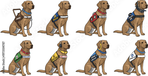 Set of 8 Service Dogs with Different Working Harnesses for Search and Rescue, Therapy, and Assistance Dogs for Animal Care and Service Design
