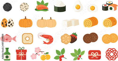 Set of 20 Colorful Japanese Food Icons Featuring Sushi, Fish, Egg, Tofu, Shrimp, Sweets, Tea, and Seasonal Decorations for Asian Cuisine and Culture Designs