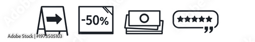 Retail and customer feedback icon set. direction board, discount -50%, money stack, five-star review speech bubble. line and flat vector illustration.