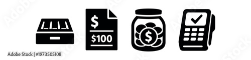 Retail payment icon set. cash drawer, invoice $100, coin jar, payment terminal, sales and checkout. flat vector illustration.