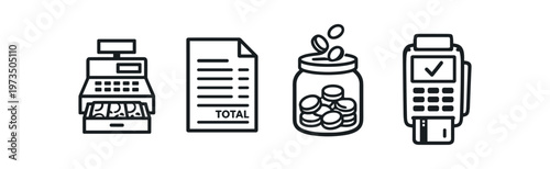 Retail payment icon set. cash register, receipt total, money jar, card terminal, sales, checkout, point of sale. line and flat vector illustration.