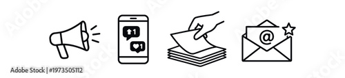 Marketing and communication icon set. megaphone, mobile messages, mailing, documents, voting, promotion. line and flat vector illustration.