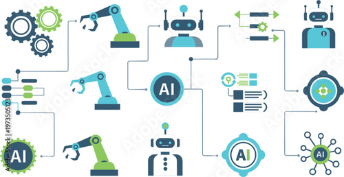 Artificial intelligence automation workflow with robotic arms data processing machine learning systems and AI technology network connections in flat vector illustration style