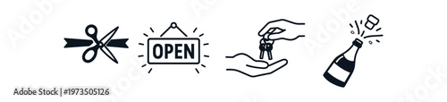 Grand opening icon set. ribbon cutting, open sign, handing keys, popping champagne, store launch, celebration, ceremony. line and flat vector illustration.