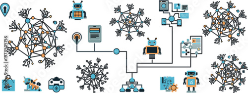 Artificial intelligence network ecosystem with connected nodes robots data processing and machine learning systems futuristic technology vector illustration