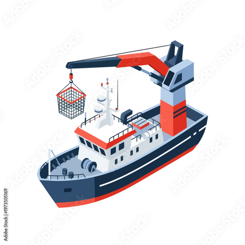 Isometric Fishing Vessel with Crane Lifting Cargo.