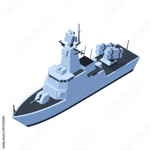Isometric Illustration of a Modern Warship with Missile Launchers.