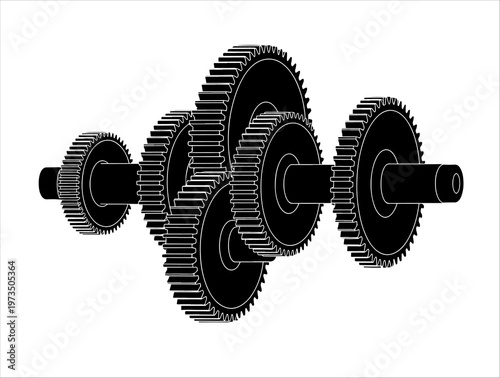 Gear train silhouette with interlocking gears on shafts for mechanical power transmission