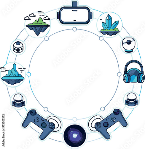 Circular gaming setup concept with VR headset controllers headphones and immersive virtual reality environment icons in modern flat vector illustration style