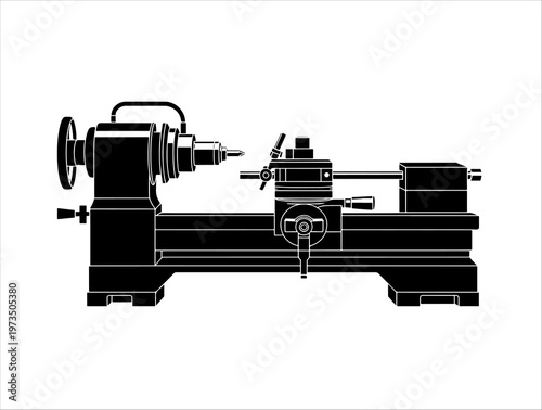 Lathe machine silhouette with headstock, tailstock, carriage, and bed for machining operations