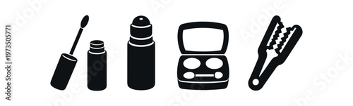 Makeup and hair tools icon set. mascara tube, roll-on deodorant, eyeshadow compact, hair straightener, beauty essentials. line, flat and colored vector icon set.