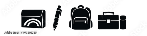 Solid school bag and stationery icon set. backpack, messenger bag, pen, briefcase with thermos, student supplies. flat vector illustration.
