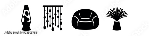 Retro room decor icon set. lava lamp, beaded curtain, armchair, decorative vase, home decor, vintage, boho. flat vector illustration.