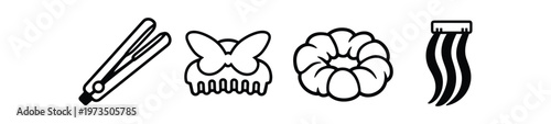 Hair accessories and styling tools icon set. flat hair clip, butterfly clip, scrunchie, hair extension lock, haircare accessories. line, flat and colored vector icon set.