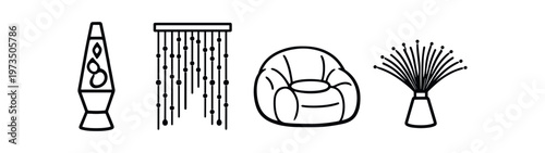 Retro room decor icon set. lava lamp, beaded curtain, armchair, decorative vase, home decor, vintage, boho. line and flat vector illustration.
