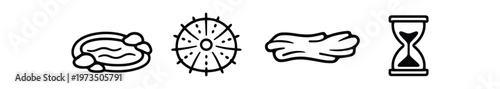 Spa and marine elements icon set. hot stones, sea urchin, driftwood, hourglass, relaxation and treatment symbols. line, flat and colored vector icon set.