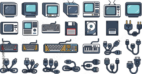 Collection of retro and modern computer hardware icons including monitors keyboards cables connectors and vintage technology devices in flat vector style