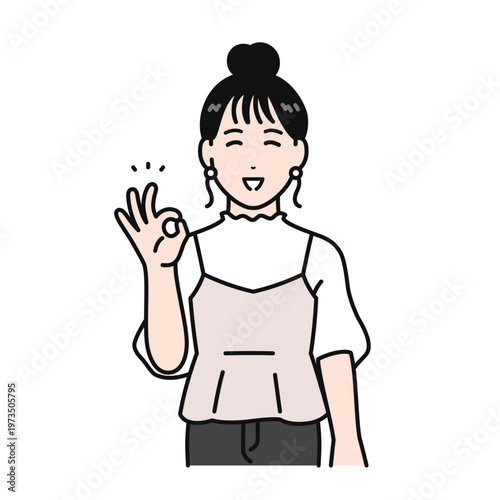 笑顔でokポーズをするお団子ヘアの若い女性のシンプルなベクターイラスト素材