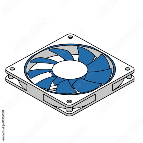 Isometric Computer Fan Illustration with Blue Blades and Gray Frame.