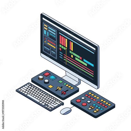 Isometric Illustration of Video Editing Workstation with Monitor and Control Panels.