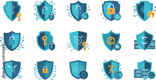 Cyber security shield icons set with data protection encryption privacy firewall and secure network access symbols in modern flat vector illustration style