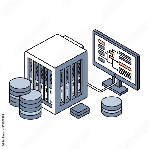 Isometric Server Rack with Databases and Monitor Illustration.