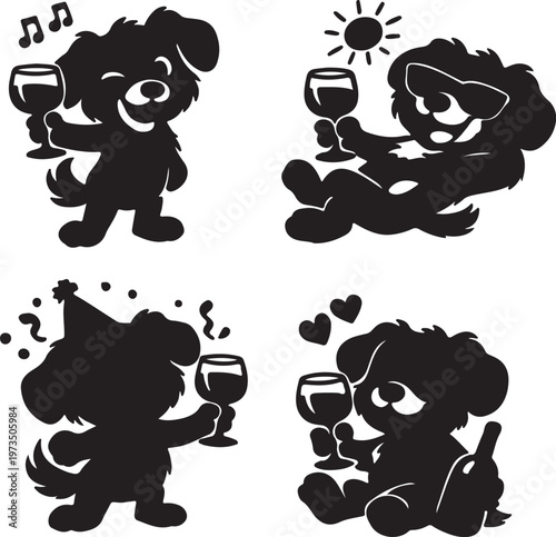 Funny cartoon dog holding wine glass silhouette vector set playful pet character design for humor, party, celebration concept