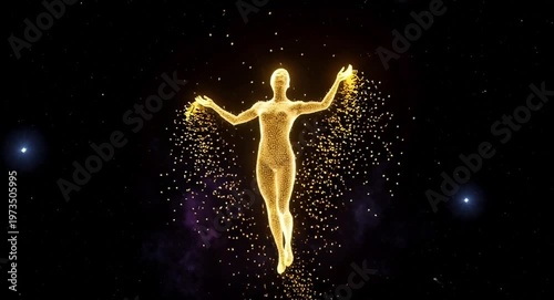 Ethereal Golden Woman Manifesting Energy in the Cosmic Expanse