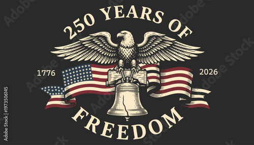 Vintage american freedom logo with eagle, bell, and flag on dark background