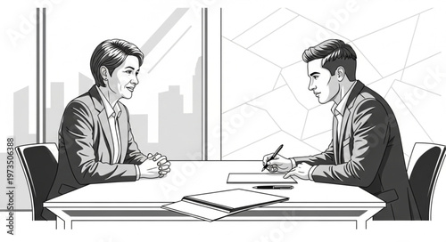 Two professionals in formal interview at table.