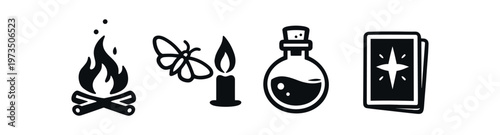 Magic ritual objects icon set. campfire, moth and candle, potion bottle, tarot cards, witchcraft tools. line and flat vector illustration.