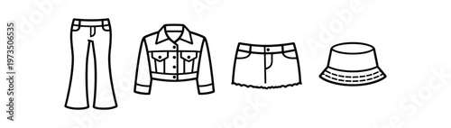 Clothing icon set. pants, denim jacket, mini skirt, bucket hat, fashion, apparel, outfit. line and flat vector illustration.